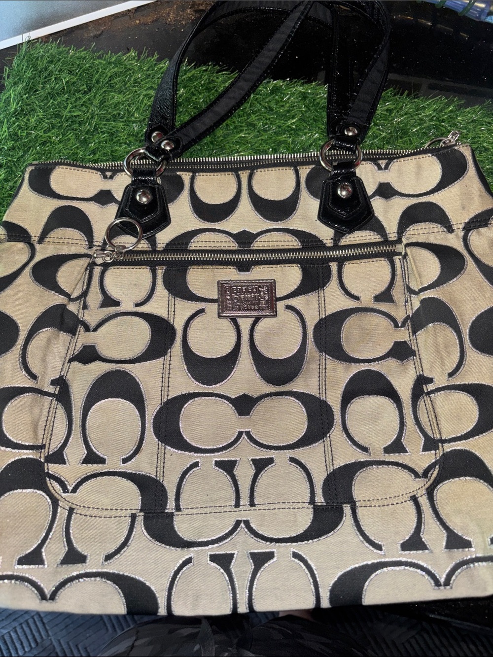 Coach Beige Canvas Tote with Black Signature C Print